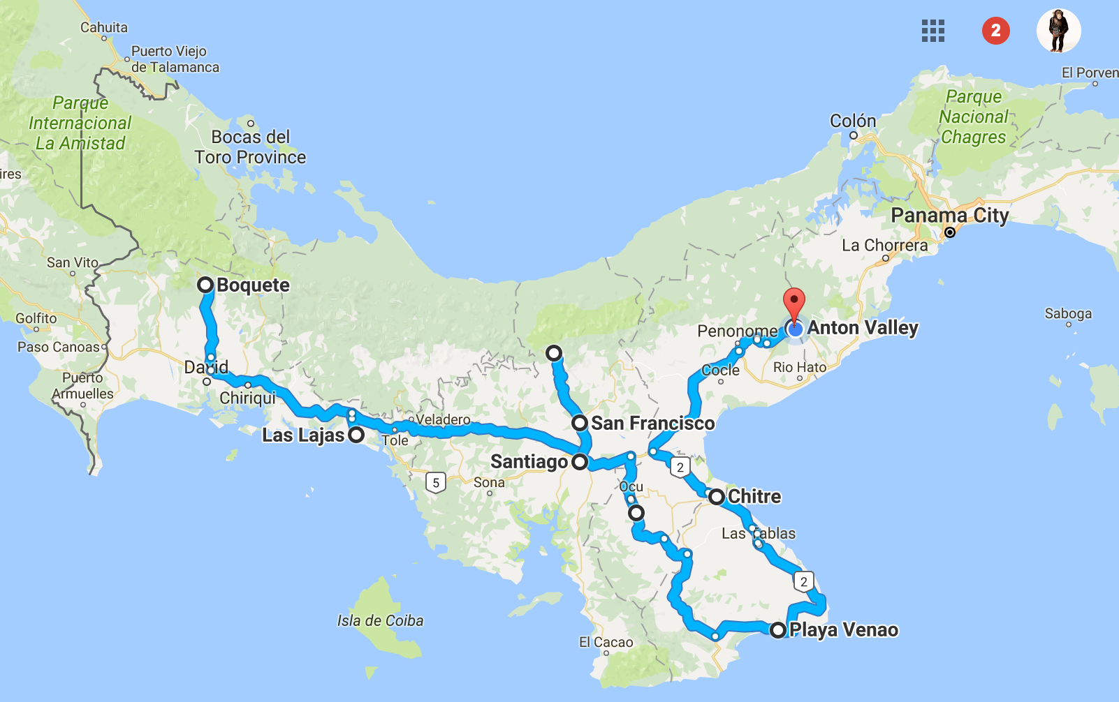 boquete panama to anton valley google maps